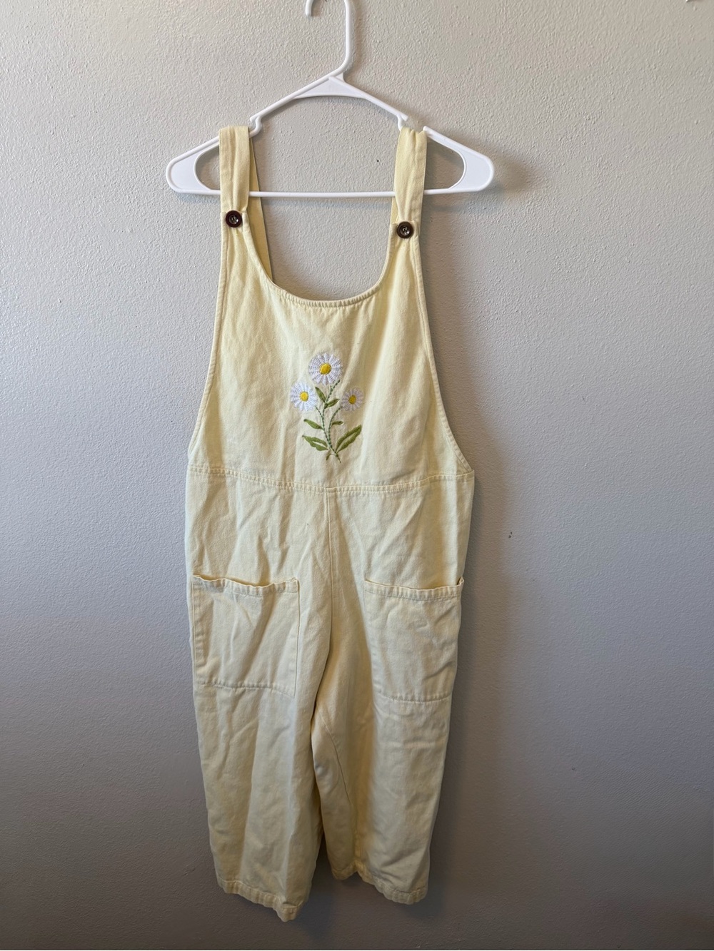 Country Store Vintage Embroidered Daisy Overalls Butter Yellow Wide Leg Relaxed